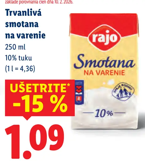 Rajo Bezlaktózová smotana na varenie 10 % tuku