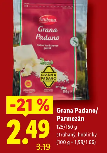 Milbona Grana Padano strúhaný/parmezán hoblinky