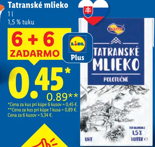 Tatranské mlieko polotučné 1,5 % tuku