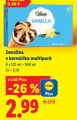 Gelatelli vanilková zmrzlina v kornútiku multipack