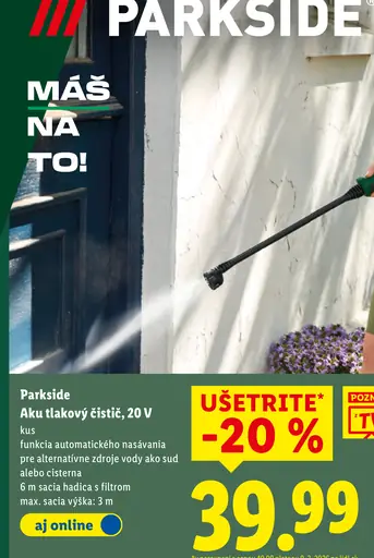Parkside Aku tlakový čistič 20 V