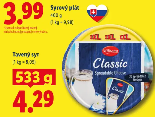 Milbona Classic Spreadable Cheese tavený syr
