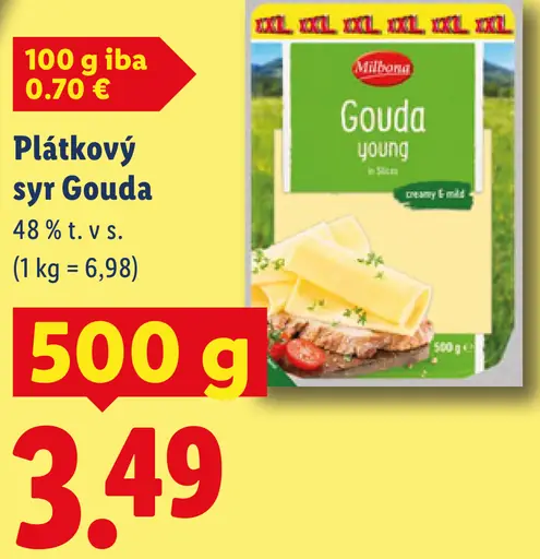 Milbona Plátkový syr Gouda young 48 % t. v s.