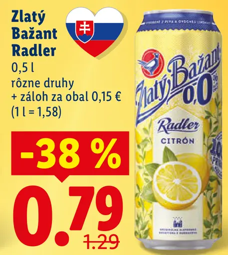 Zlatý Bažant Radler Citron nealkoholický