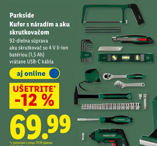 Parkside kufor s náradím a aku skrutkovačom 92-dielna súprava