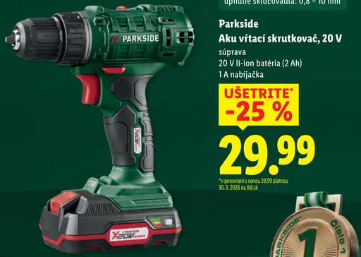 Parkside aku vŕtací skrutkovač 20 V súprava