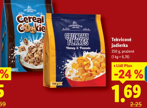 Crownfield raňajkové cereálie Crunchy Flakes Honey & Peanuts