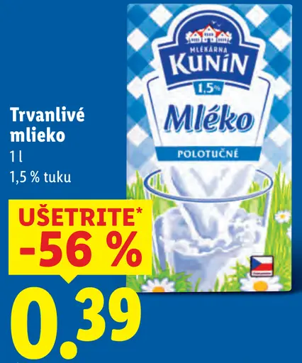 KUNÍN Trvanlivé mlieko polotučné 1,5 % tuku