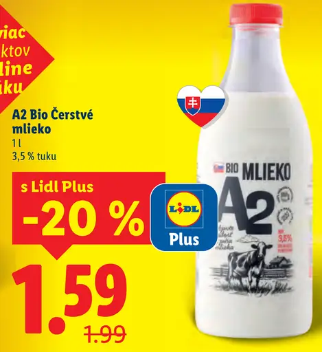 A2 Bio čerstvé mlieko 3,5 % tuku