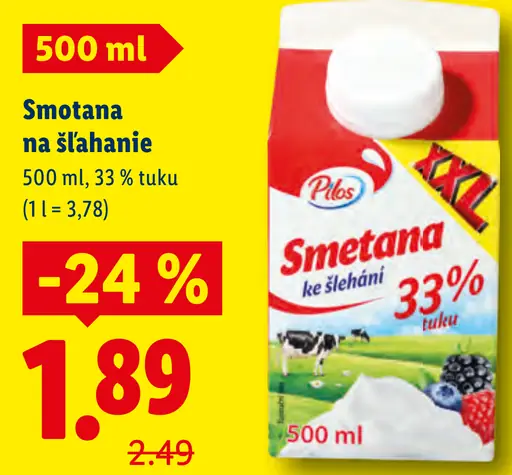 Smotana na šľahanie 33 % tuku