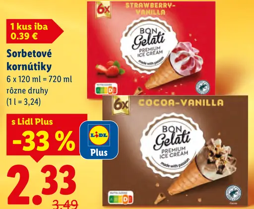 Bon Gelati Sorbetové kornútiky