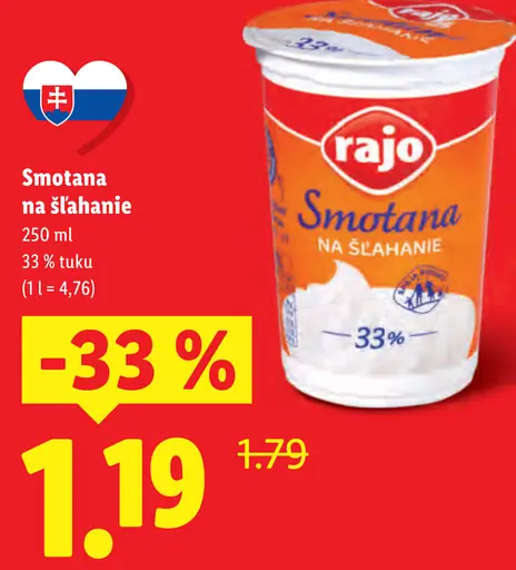 Rajo Smotana na šľahanie 33% tuku