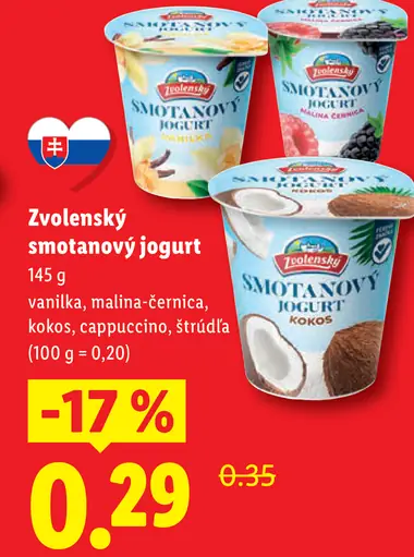 Zvolenský smotanový jogurt vanilka, malina-černica, kokos, cappuccino, štrúdľa