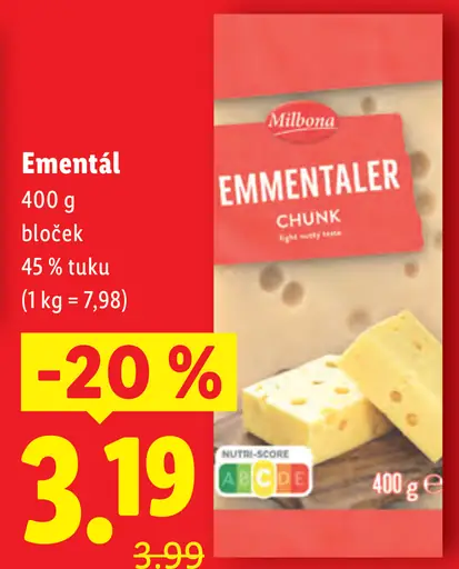 Milbona Ementál 45 % tuku plátky