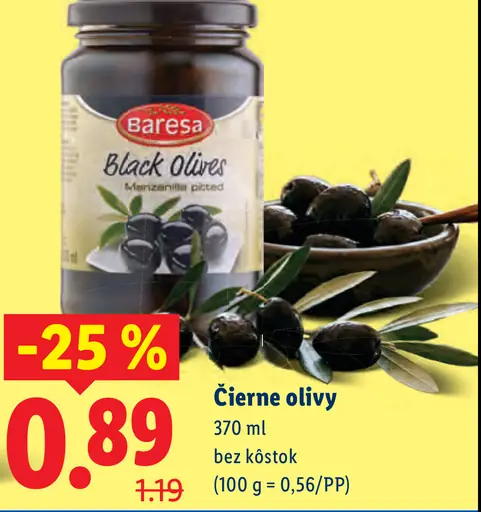 Baresa čierne olivy bez kôstok marinované v náleve