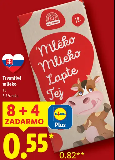 Euromilk trvanlivé mlieko 3,5 % tuku