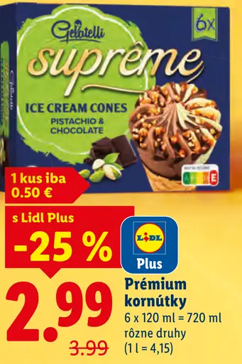 Gelatelli Supreme prémiové zmrzlinové kornútky pistácia a čokoláda