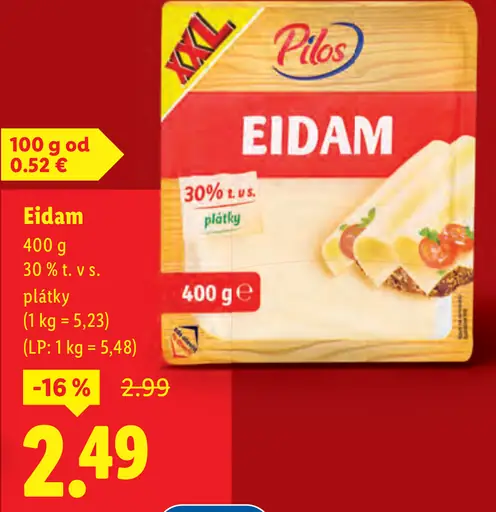 Pilos Eidam plátky 30 % t. v s. – Lidl Plus cena