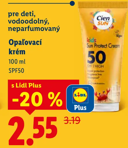 Cien Sun opaľovací krém pre deti, vodoodolný, neparfumovaný, SPF50