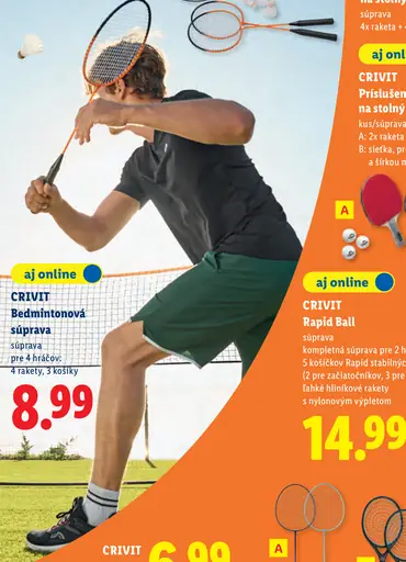 CRIVIT bedmintonová súprava pre 4 hráčov, 4 rakety a 3 košíky