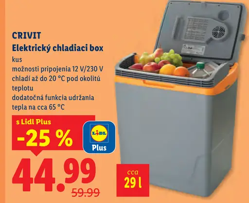 Crivit elektrický chladiaci box s pripojením 12 V/230 V, chladením do 20 °C a ohrevom do cca 65 °C; cena s Lidl Plus 44,99 €, p…