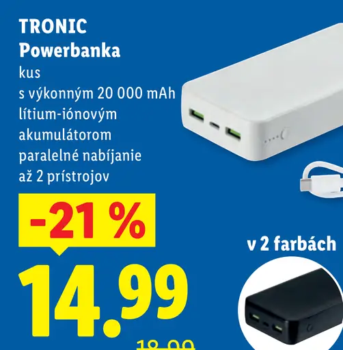TRONIC powerbanka s lítium-iónovým akumulátorom a paralelným nabíjaním až dvoch prístrojov