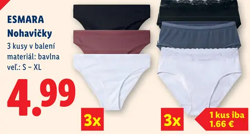 Esmara nohavičky, 3 kusy v balení, materiál bavlna, veľkosti S – XL; 1 kus iba za 1,66 €
