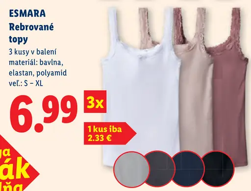 Esmara rebrované topy, 3 kusy v balení, materiál bavlna, elastan a polyamid, veľkosti S – XL; 1 kus iba za 2,33 €