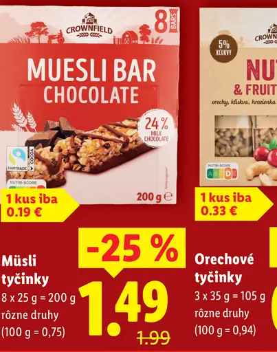 Crownfield orechové tyčinky Nuts & Fruits Bars