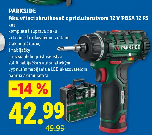 Parkside Aku vŕtací skrutkovač s príslušenstvom 12 V PBSA 12 F5, s dvoma akumulátormi a nabíjačkou