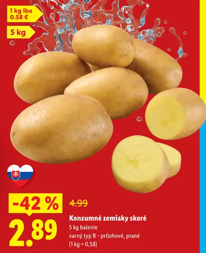 Konzumné zemiaky skoré, varný typ B – prílohové, prané