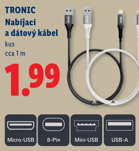 Tronic nabíjací a dátový kábel s rôznymi koncovkami Micro-USB, 8-Pin, Mini-USB a USB-A