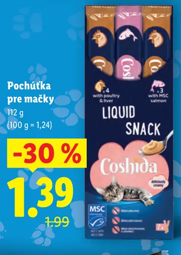 Coshida Liquid Snack pochúťka pre mačky s hydinou a pečeňou alebo s MSC lososom
