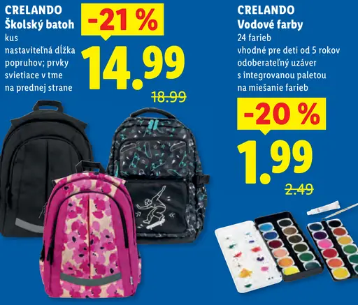 Crelando školský batoh, nastaviteľná dĺžka popruhov, prvky svietiace v tme, vrecko na prednej strane