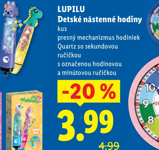 Lupilu detské nástenné hodiny s presným mechanizmom Quartz, sekundovou, hodinovou a minútovou ručičkou