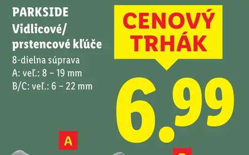 Parkside vidlicové/prstencové kľúče, 8-dielna súprava, variant A, veľkosti 8–19 mm