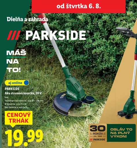 Parkside aku strunová kosačka, 20 V, bez batérie a nabíjačky, teleskopická rukoväť cca 91–114 cm, priemer kosenia cca 25 cm