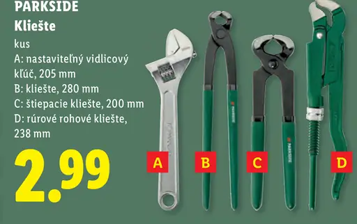 Parkside kliešte – A nastaviteľný vidlicový kľúč 305 mm; B kliešte 280 mm; C štiepacie kliešte 200 mm; D rúrové rohové kliešte…
