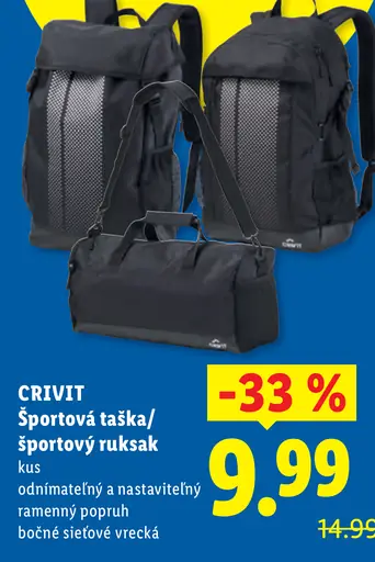 Crivit športová taška alebo športový ruksak s odnímateľným a nastaviteľným ramenným popruhom a bočnými sieťovými vreckami