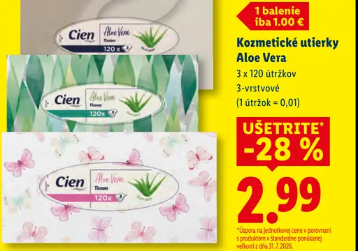 Cien kozmetické utierky Aloe Vera 3-vrstvové