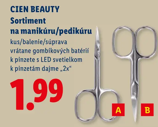 Cien Beauty sortiment na manikúru a pedikúru vrátane gombíkových batérií k pinzete s LED svetielkom