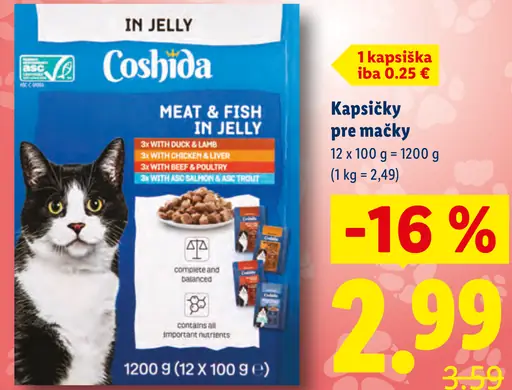 Coshida kapsičky pre mačky, mäso a ryby v želé – kačica a jahňacina, kurča a pečeň, hovädzie a hydina, losos a pstruh