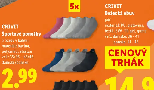 CRIVIT športové ponožky – dámske/pánske, biele, modré, sivé a čierne