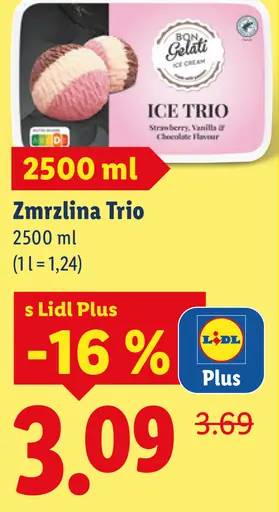 Bon Gelati Ice Trio zmrzlina, jahoda, vanilka a čokoláda