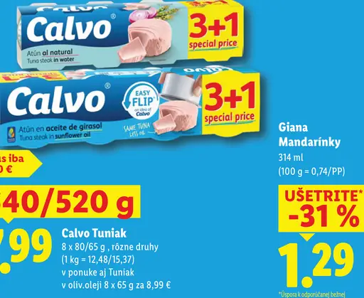 Calvo tuniak v rôznych druhoch: tuniak vo vode, tuniak v slnečnicovom oleji a tuniak v olivovom oleji
