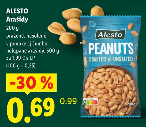 Alesto arašidy, pražené a nesolené