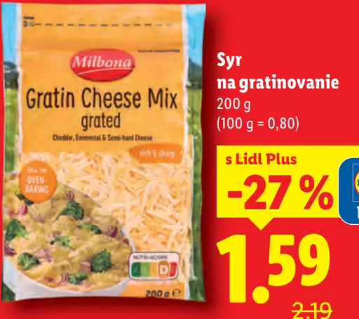 Milbona Gratin Cheese Mix strúhaný syr na gratinovanie