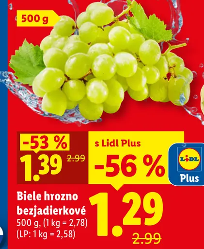 Biele hrozno bezjadierkové – cena s Lidl Plus