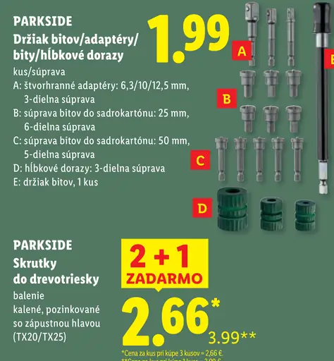 Parkside držiaky bitov, adaptéry, bity a hĺbkové dorazy, varianta A – štvorhranné adaptéry