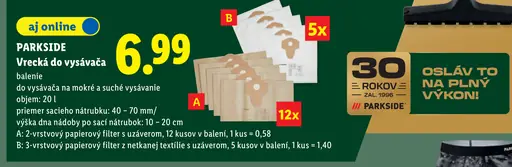 Parkside vrecká do vysávača, 2-vrstvový papierový filter s uzáverom, typ A